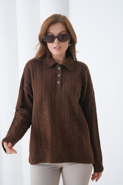 Miss Allos Women's Buttoned Front Knitted Patterned Sweater