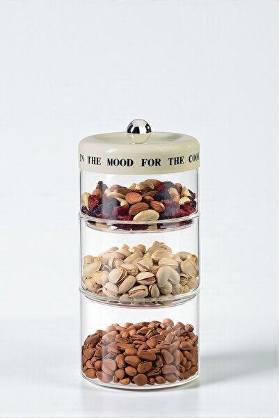 Sevinse Home Mood Triple Cream Striped Vacuum Lid Motto Glass Jar Set, Spice Jar, Sugar Bowl (750-750-600 ml)