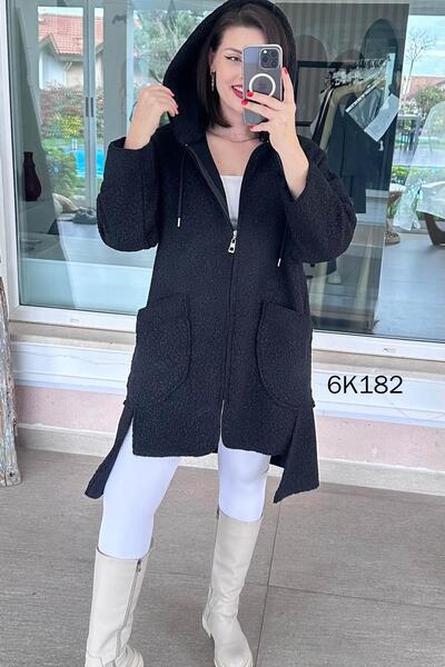 İnce Topuk Hooded Cross Pocket Boucle Coat 6K182