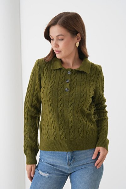 Miss Allos Women's Knitted Pattern Sweater with Button Front and Collar Detail