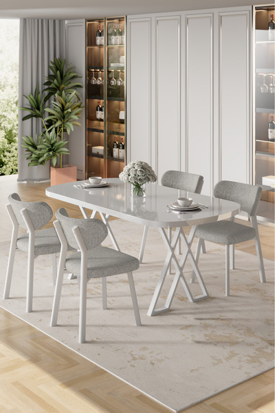 Canisa Axton Serisi Sabit Mdf 90x168 Beyaz Mutfak Masa Takımı 4 Siyah Sandalye