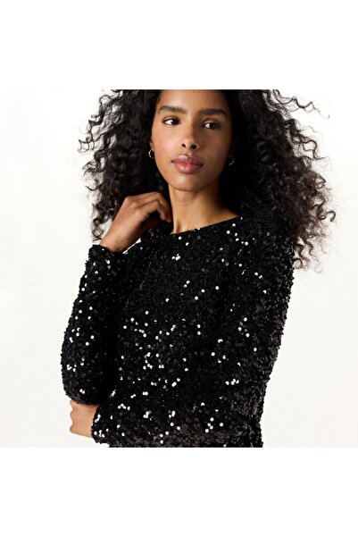 The Drop Women's casual short dress with long sleeves and sequins, black, size XL,