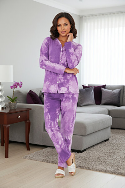 Avones Women's Tie-Dye Pattern V-Neck Button-Down Long Sleeve Pajama Set