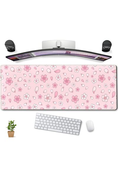 genernic Kawaii Cherry Blossom XXL Gaming Mouse Pad - Pastel Anime Desk Mat, Stitched Edges, Pink, 80×30 cm
