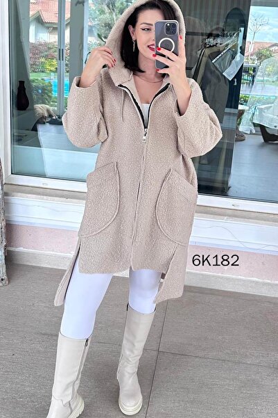 İnce Topuk Hooded Cross Pocket Boucle Coat 6K182