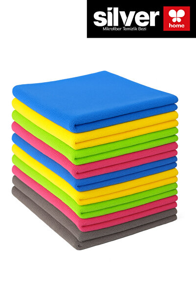 SİLVER HOME Mikrofiber Temizlik Bezi 10’lu Set, Renkli Soft Touch Bez 40x40 cm, Islak ve Kuru Kullanım 160 gsm