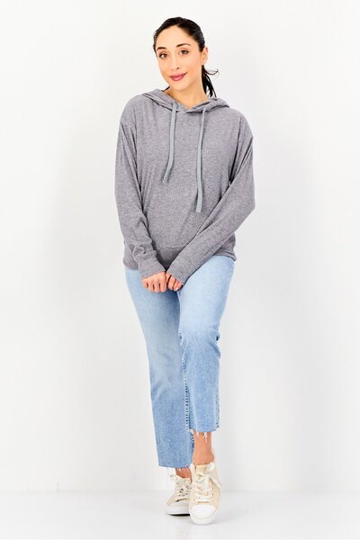 London Fog Women Stripe Long Sleeve Hoodie, Light Grey