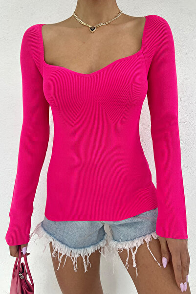 MODAMERSİ Women's Fuchsia Sweetheart Neckline Ribbed Knitwear Sweater