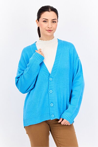 collusion كارديجان نسائي محبوك بأكمام طويلة ورقبة على شكل حرف V، أزرق