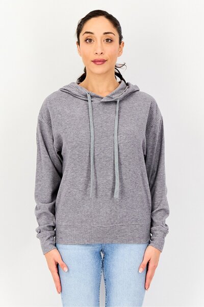London Fog Women Stripe Long Sleeve Hoodie, Light Grey