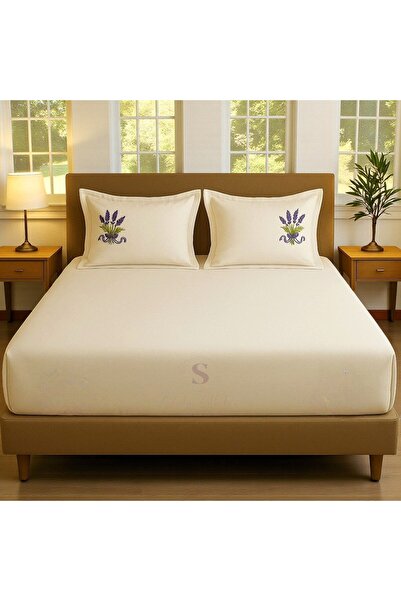 shules collection Buldan Linen Lavender Embroidered Double Bed Sheet+Pillow Set 100% Cotton