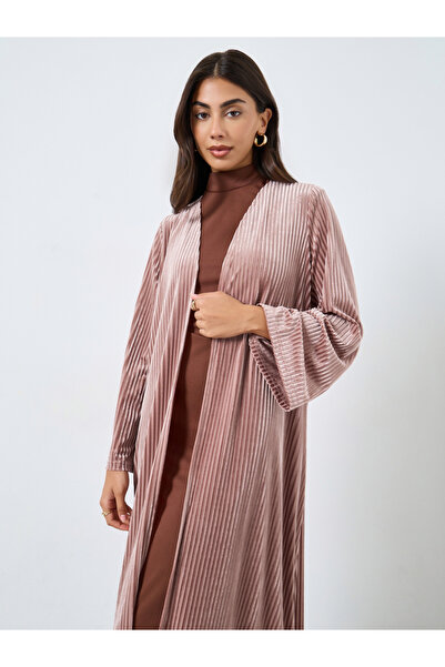 Styli Pink Textured Velvet Look Front Open Blue Abaya