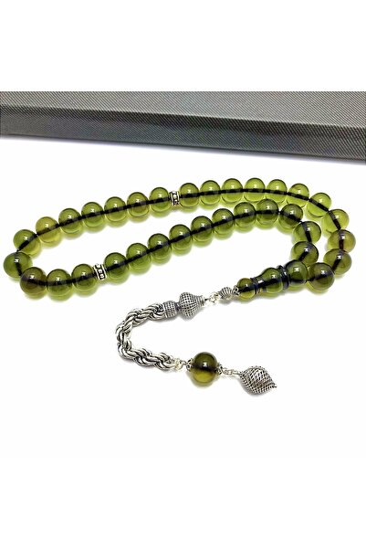 KANUNİ TESBİH سبحة من العنبر الأخضر الناري بتصميم فضي وقطع دائري