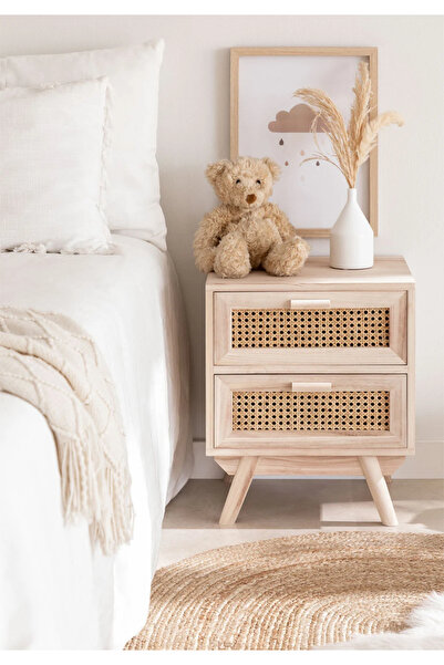 Simy Doğal Ahşap & Rattan Çocuk Odası Komodin – 2 Çekmeceli Modern-Bohem Tasarım