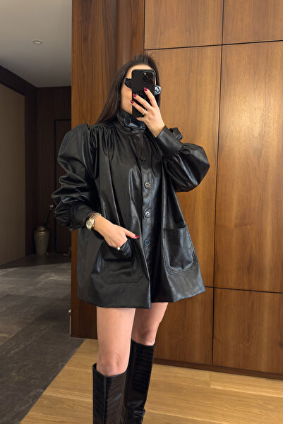 MAGARDE Prenses Kol Vintage Deri Ceket- SİYAH