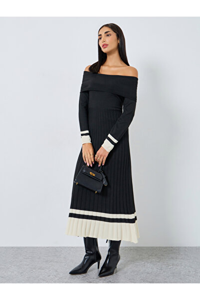 Styli Color Block Off Shoulder Sweater Midi Dress