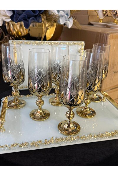 LOKMAN ZÜCCACİYE 6 Person Bohemia Crystal Hand Decorated Titanium Gold Coffee or Water Baragi Glass 180 ml