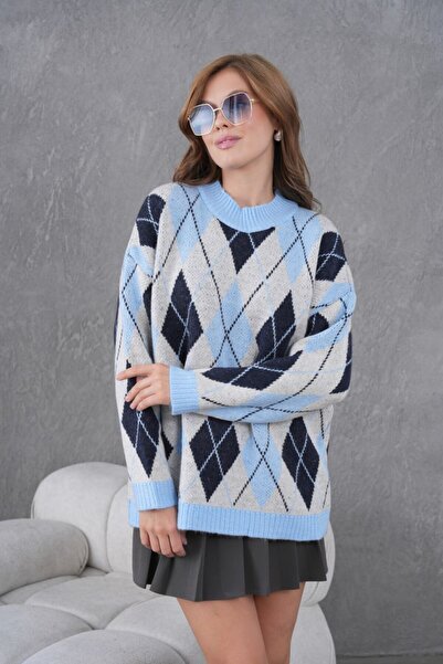 Miss Allos Women's Crew Neck Diamond Pattern Long Sleeve Knit Sweater