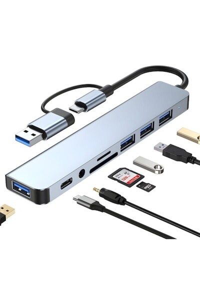 varioshop Adaptor Hub USB-C 8 în 1 din aluminiu, 4x USB 3.0, microSD/SD, AUX,...