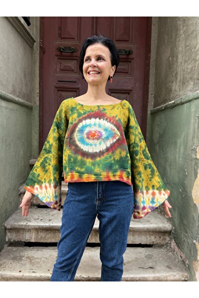 Bohoyasam Kadın Batik Bluz „Autumn Glow” – El Boyaması, %100 Pamuk/Müslin, Ge...