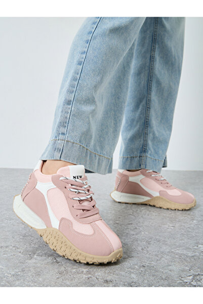 Styli Pink Contrast Panel Lace Up Sneakers