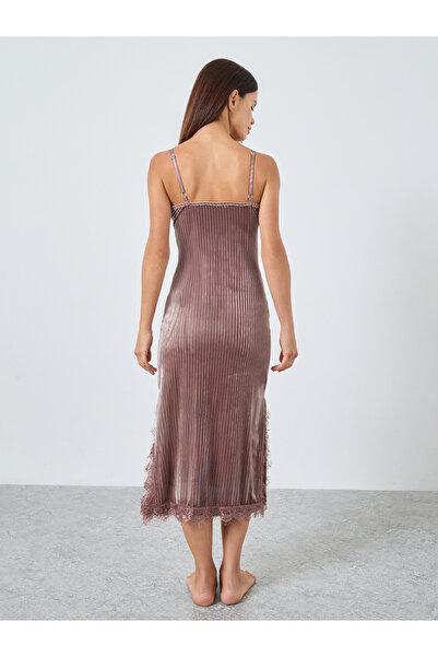 Styli Stripe Textured Velvet Lace Trim Slip Dress