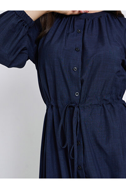 Styli Dark Blue Long Sleeve A-Line Midi Dress