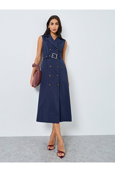 Styli Navy Blue Belted Blazer Midi Dress