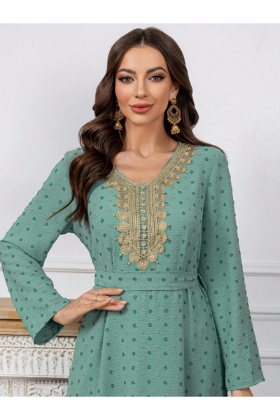 Take Two By Styli Texture Embroidery Neck Detail Belted Maxi Jalabiya