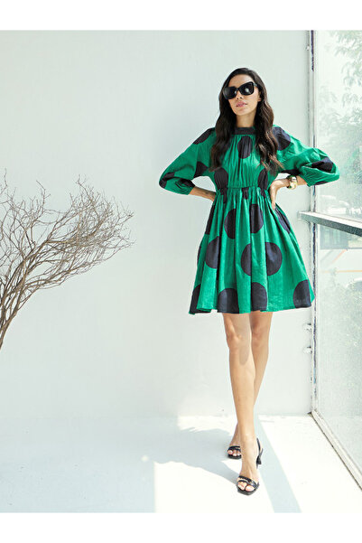 Sassafras By Styli Green Back Tie-Up Polka Dot Dress