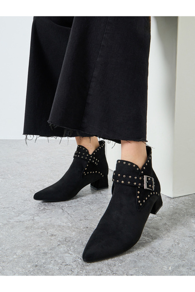 Styli Black Studded Buckle Ankle Boots