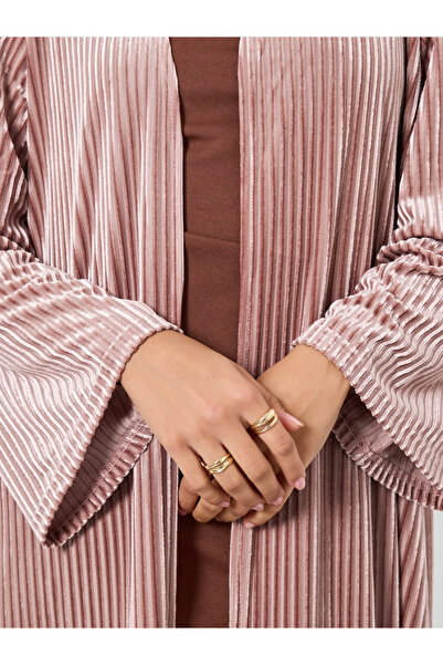 Styli Pink Textured Velvet Look Front Open Blue Abaya