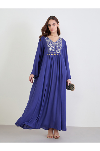 Styli Crinkle Rayon Texture Jalabiya with Mirror Embroidery