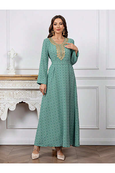 Take Two By Styli Texture Embroidery Neck Detail Belted Maxi Jalabiya