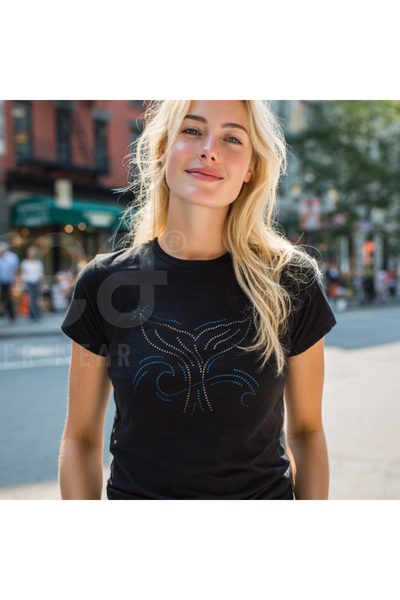 Crea Eymer Wear Crystal Stone Whale Tail Design Printed Cotton Crew Neck T-Shirt Black