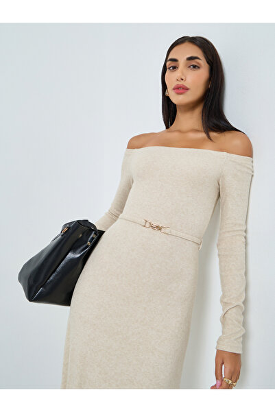 Styli Beige Long Sleeve Maxi Sweater Dress