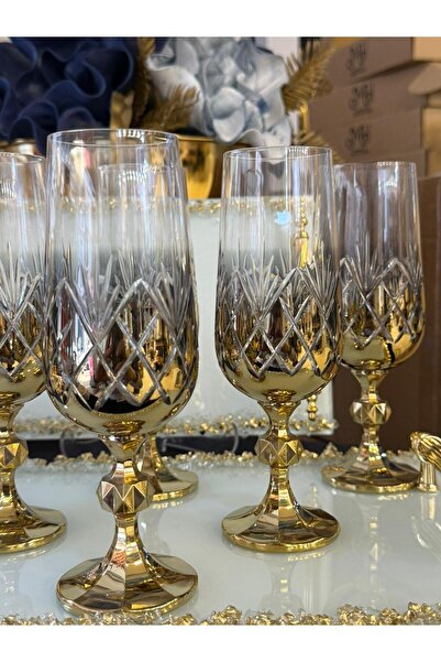 LOKMAN ZÜCCACİYE 6 Person Bohemia Crystal Hand Decorated Titanium Gold Coffee or Water Baragi Glass 180 ml