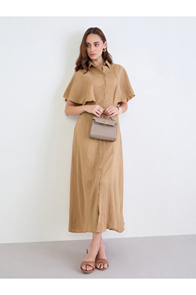 Styli Brown Textured Shirt Maxi Dress