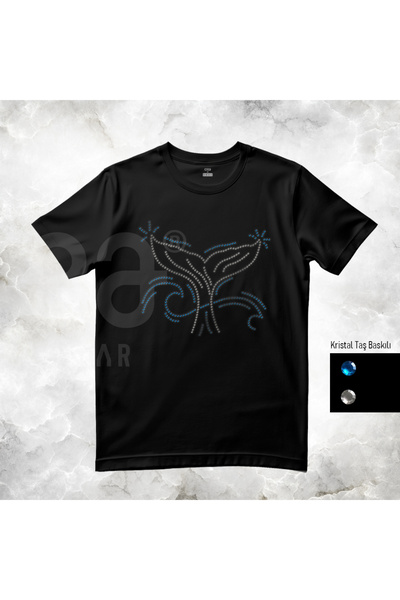 Crea Eymer Wear Crystal Stone Whale Tail Design Printed Cotton Crew Neck T-Shirt Black