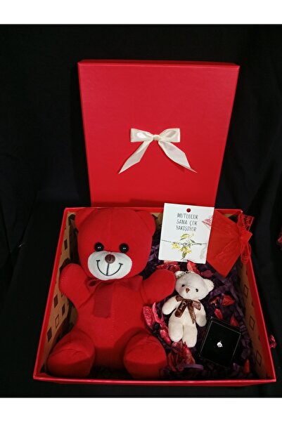 Puffly Hediyelik Hediye Kutusu Yüzük,Kirmizi Ayicik,Anahtarlı Ayıcıklı Bilekl...