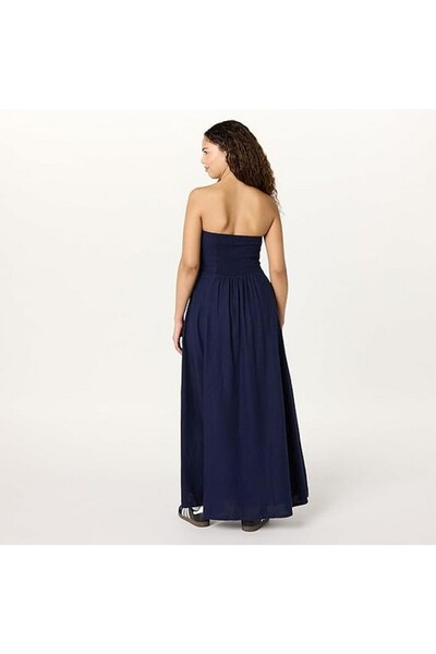 The Drop Carlota strapless linen maxi dress for women, dark blue. size 5XL,
