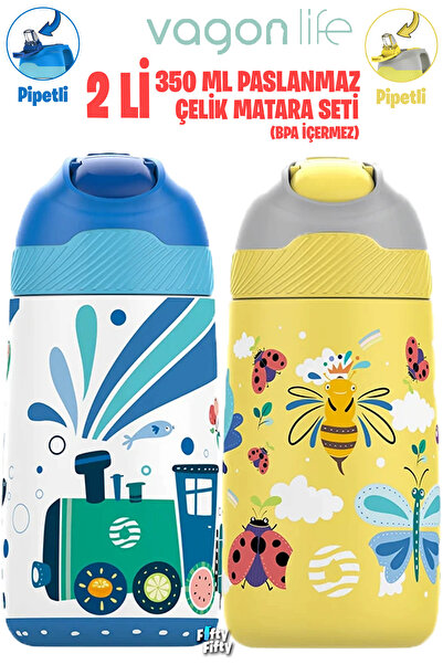 Vagonlife 2-PACK SET 350 ML Children's Straw Steel Flask Stainless Steel Thermos 5 Different Colors 2055-350ML