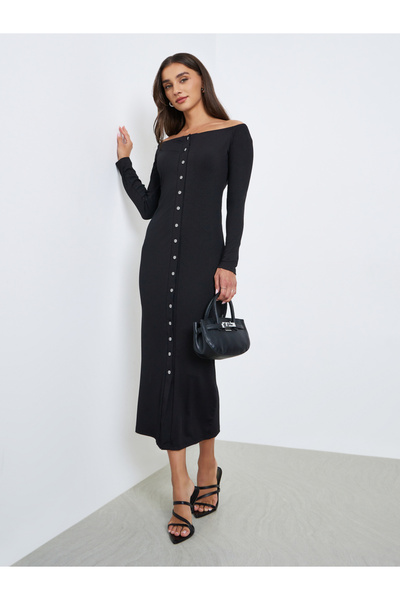 Styli Black Off Shoulder Bodycon Midi Dress