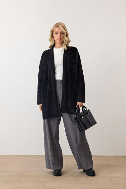 MİR Piedra Women Shawl Collar Oversized Comfortable Fit Soft Texture Bearded Cardigan