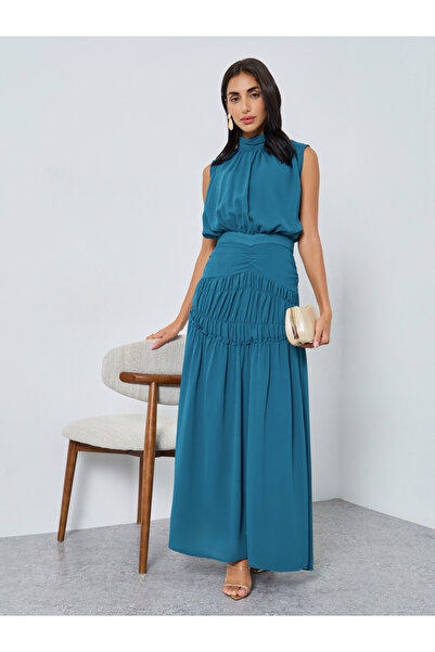 Styli Teal Pleating Waist Sleeveless Maxi Dress