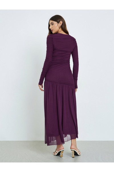 Styli Magenta Ruffle Mesh Hem Maxi Dress