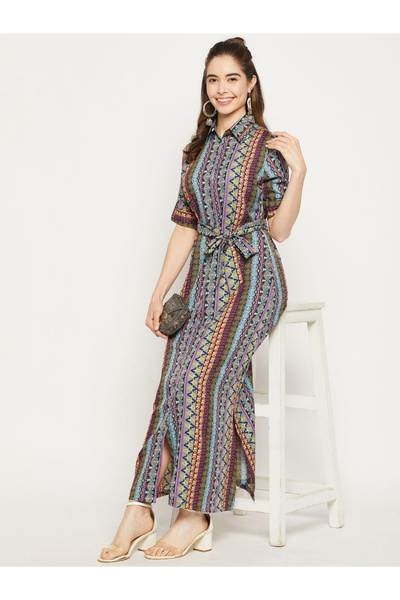 Uptownie By Styli All Over Print Maxi Dress with Tie Belt