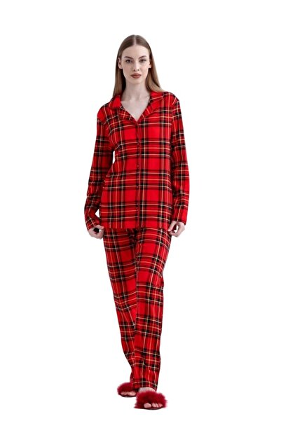 Yeni İnci Women's Red Plaid Cotton Pajama Set