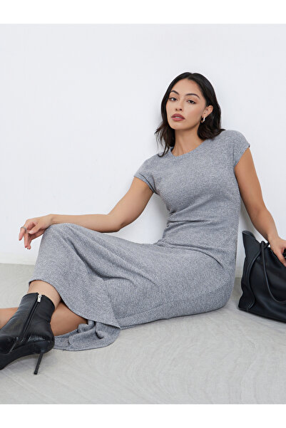 Styli Grey Waffle Knit Maxi Dress with Cap Sleeves