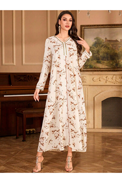 Take Two By Styli Floral Print V-Neck Long Sleeve Maxi Jalabiya
